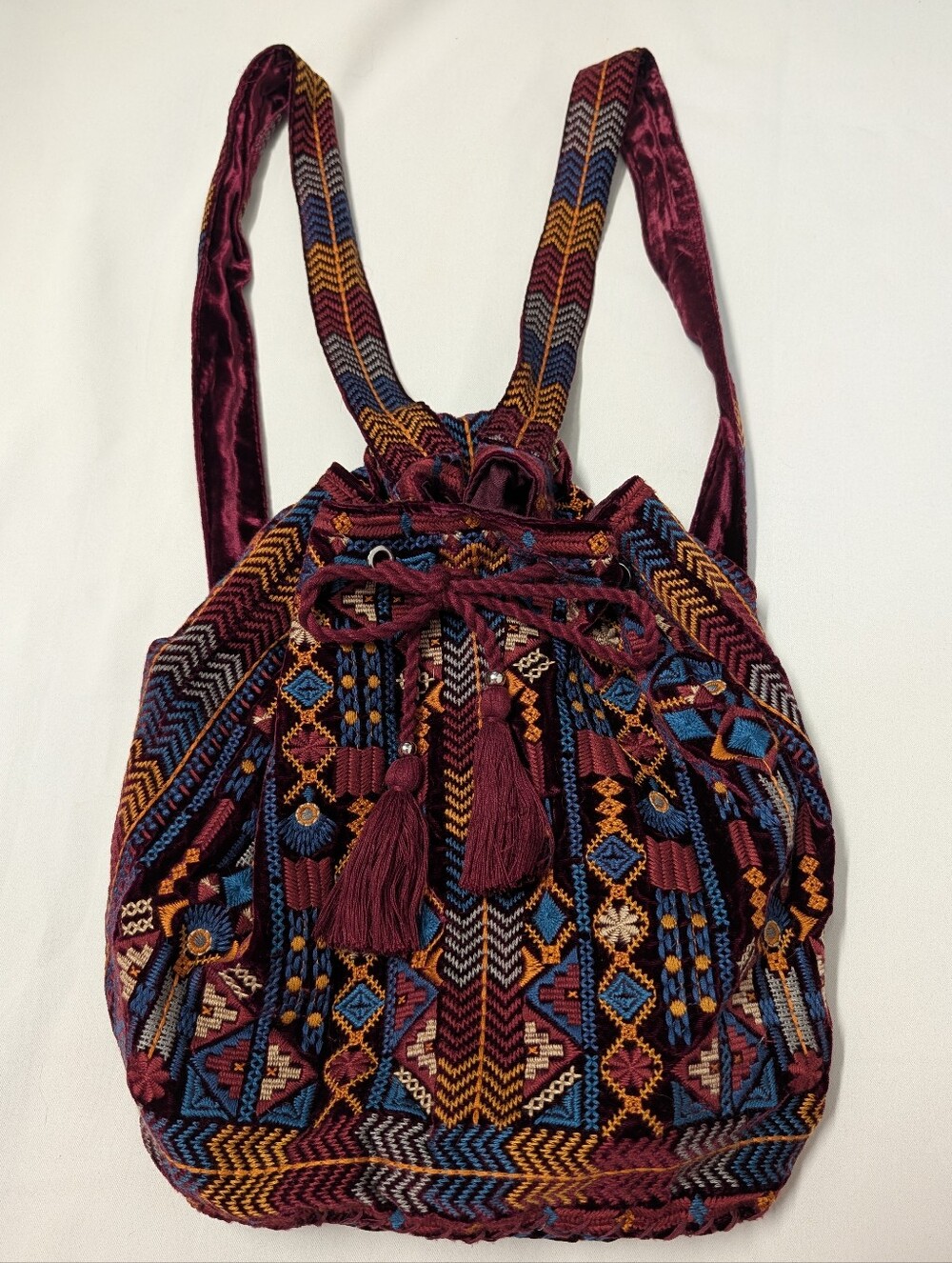 Johnny Was Burgundy Multi Boho Geometric Embroidered Drawstring Backpack Bag
